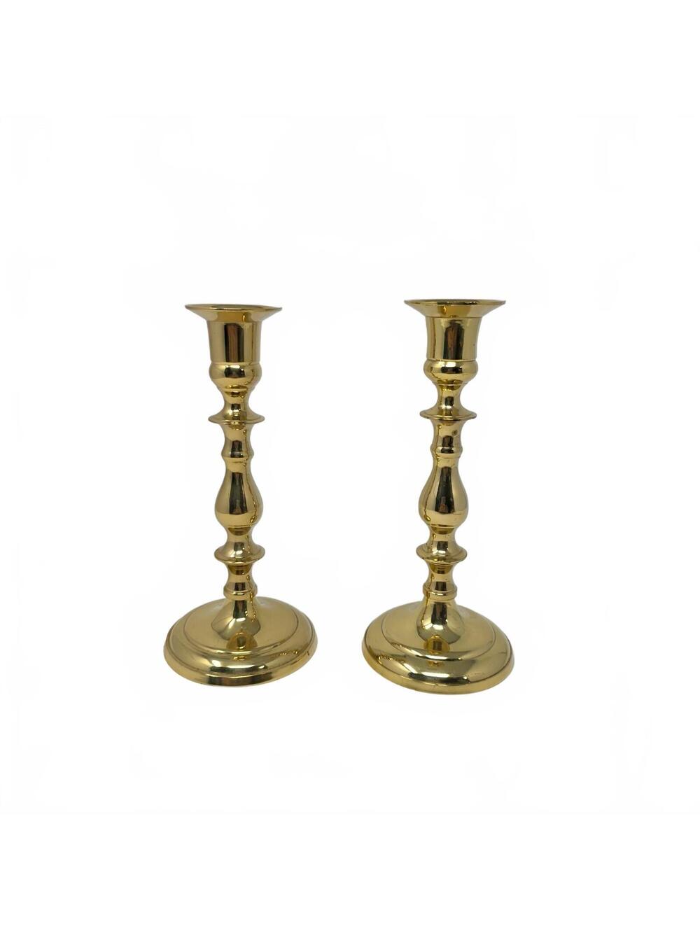 Pair Vintage Brass Candlestick Holders Turned Taper Candle Decor